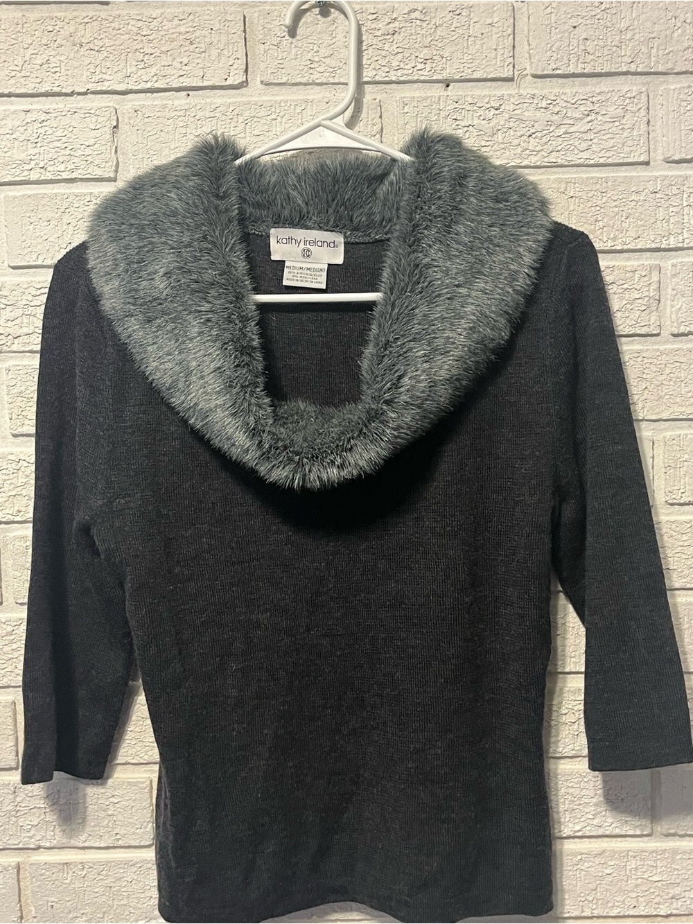 kathy ireland Gray Knit Sweater with Faux-Fur Cowl Collar